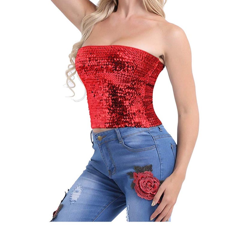 Fenyong Womens Sparkly Sequin Mermaid Crop Tops, Strapless Metallic Tube Tops for Party Clubwear(Red) - Image 3